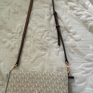 Michael Kors Beige Monogram Crossbody with Brown Strap